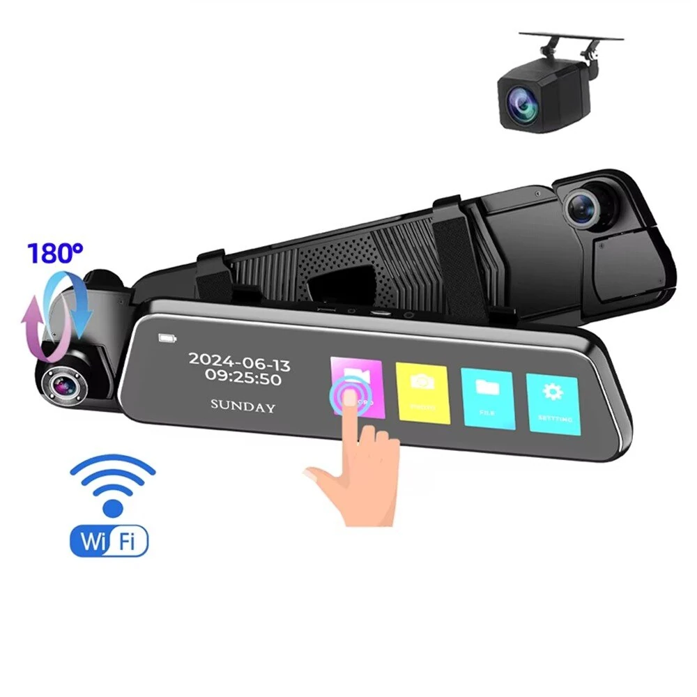 9,66 Zoll Auto-Dashcam Drei-Wege-Aufnahme 1080P vorne 720P innen 720P hinten Weitwinkel WLAN G-Sensor 128GB Unterstützun