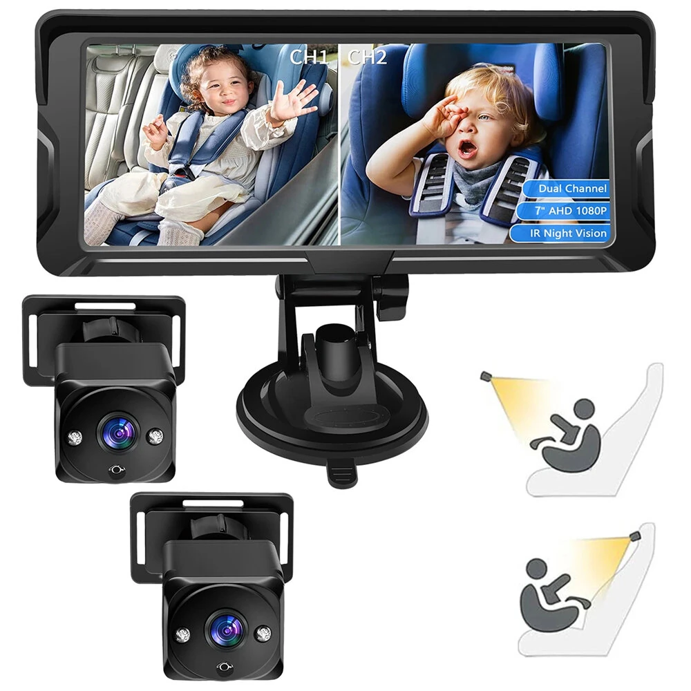 Baby-Autokamera mit Doppelkanal, 6,8 Zoll 1080P-Display, 2 IR-Nachtsichtkameras und 150° Weitwinkel