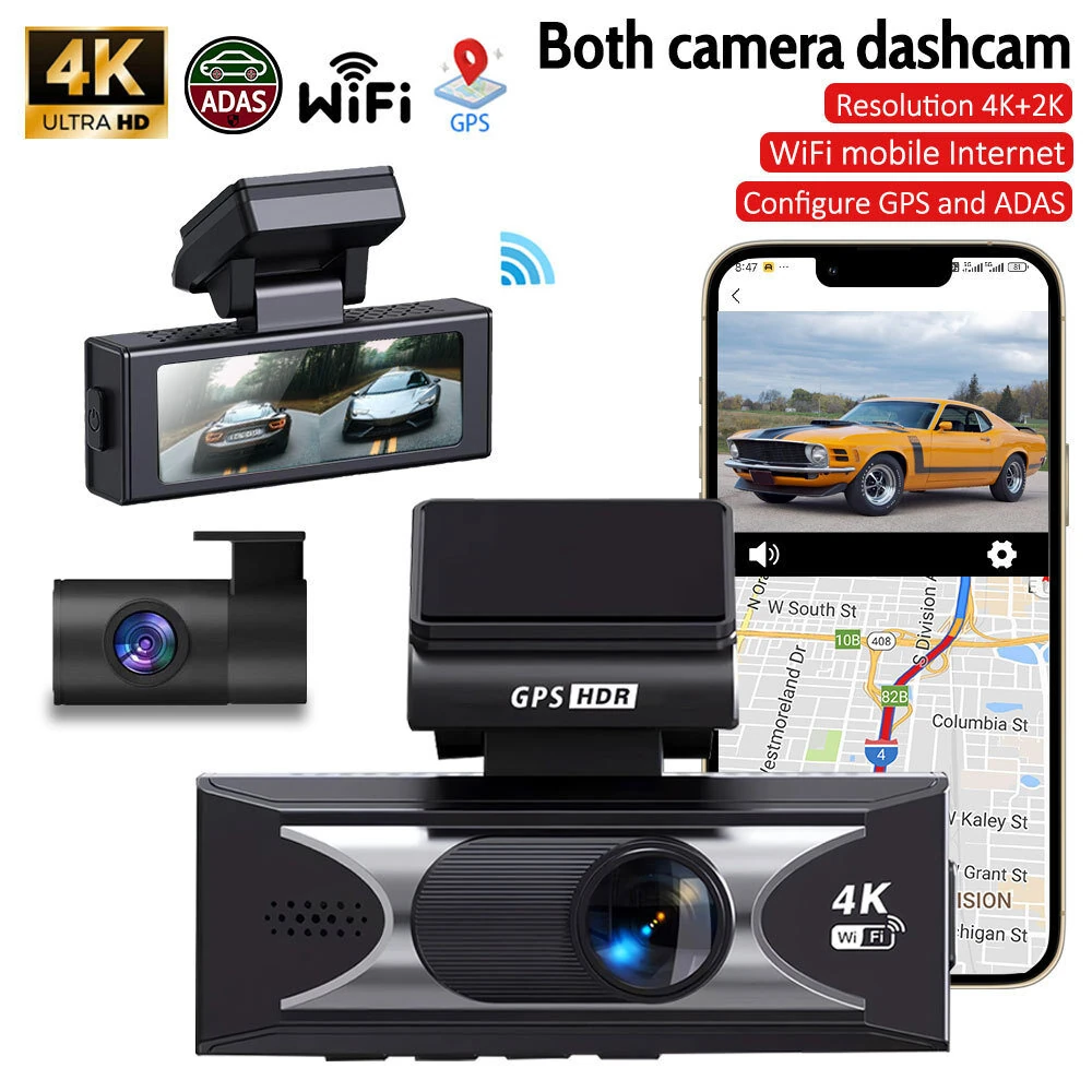 UHD 4K Dashcam Dual-Linse 3840x2160P AI Fahrassistenz ADAS GPS WiFi Weitwinkel Nachtsicht Auto DVR Kamera